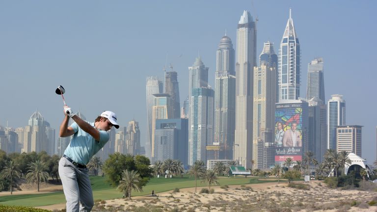 Eddie Pepperell of England tees off on the par four 8th hole during the first round of the Omega Dubai Desert Classic 