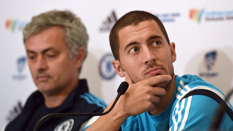 Chelsea football player Eden Hazard (R) and coach JosÃ© Mourinho (L) listen to questions during a press conference in Sydney on May 31, 2015. 
