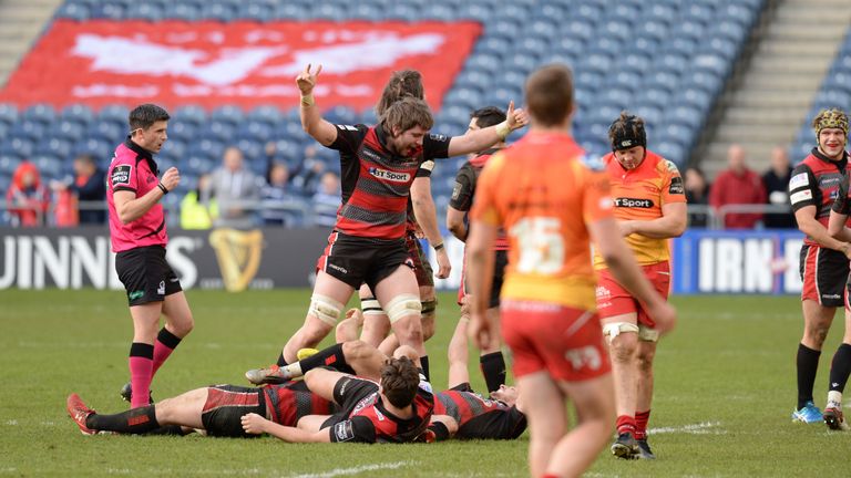 28/02/16 GUINNESS PRO 12.EDINBURGH v SCARLETS.BT MURRAYFIELD STADIUM - EDINBURGH .Edinburgh's Alex Toolis (centre) celebrates at full-time