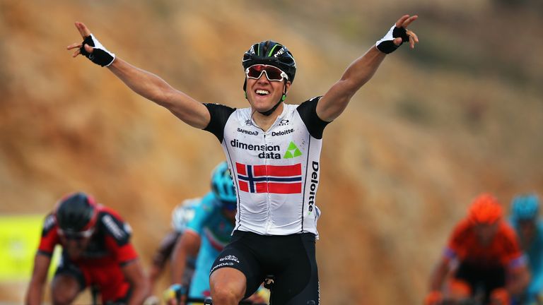 Edvald Boasson Hagen of Norway and Dimension Data celebrates winning stage two of the 2016 Tour of Oman