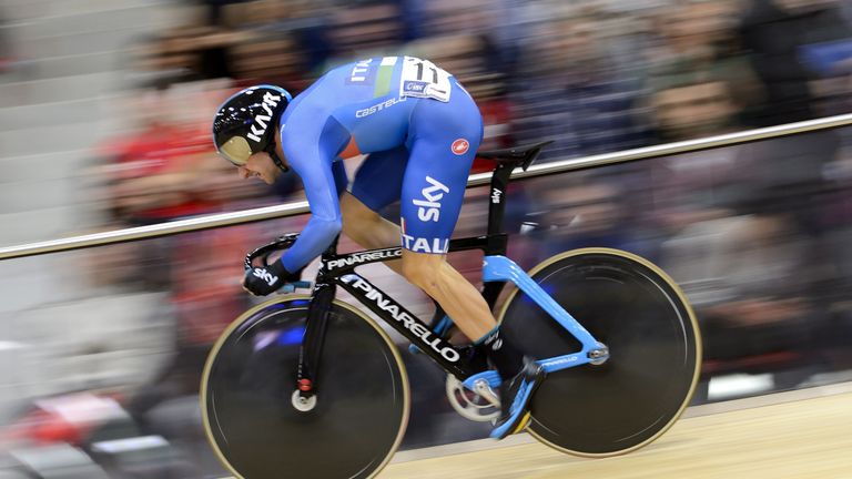 Italy's Elia Viviani rides to win the Men's Omnium Flying Lap race at the Track Elite European Championships