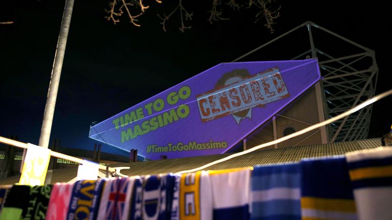 An anti-Cellino image is projected onto Elland Road ahead of Leeds' home game against Middlesbrough