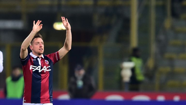 Bologna's forward from Italy Emanuele Giaccherini celebrates after scoring during the Italian Serie A football 