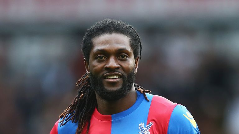 Emmanuel Adebayor of Crystal Palace looks on prior to the FA Cup fifth-round match against old club Tottenham Hotspur
