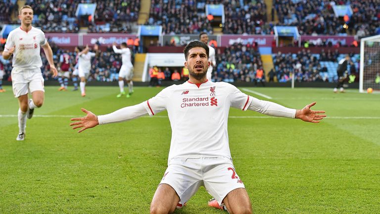 Emre Can of Liverpool celebrates after scoring during in a 6-0 rout of Aston Villa 