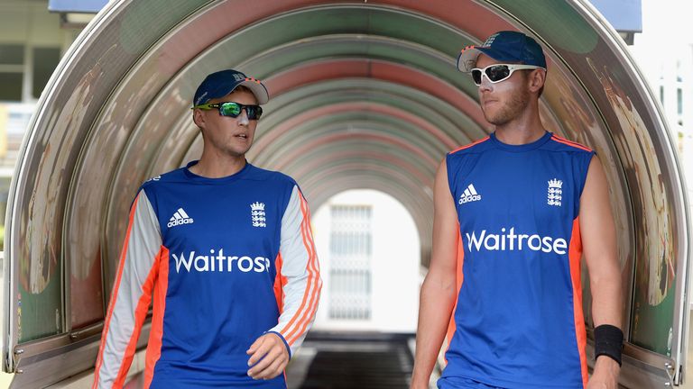 Joe Root and Stuart Broad of England walk from the tunnel ahead of a nets session at Bidvest Stadium in Johannesburg