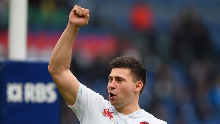 Man of the Match Ben Youngs of England celebrates at the end of the game