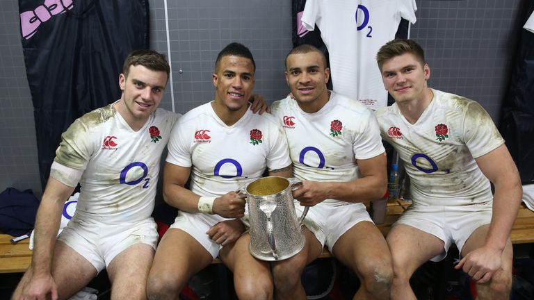 (L-R) George Ford, Anthony Watson, Jonathan Joseph and Owen Farrell of England pose with the Calcutta Cup 