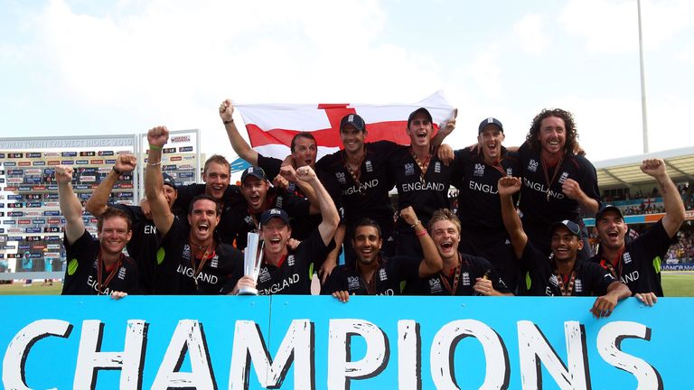 The England team celebrate winning the final of the ICC World Twenty20 in 2010