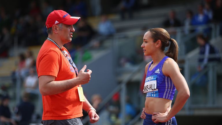 Jessica Ennis-Hill speaks to her coach Toni Minichiello.