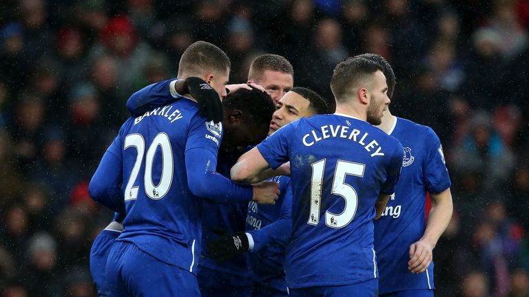 Romelu Lukaku (2nd L) of Everton celebrates scoring his team's first goal with his team mates during the Barclays Pr