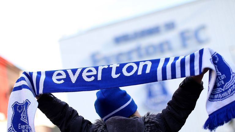 LIVERPOOL, ENGLAND - FEBRUARY 13:  A fan poses outside the stadium prior to kick off during the Barclays Premier League match between Everton and West Brom