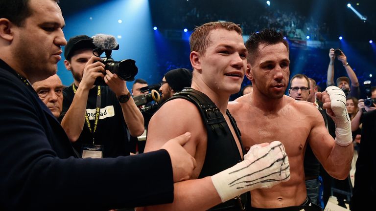  Felix Sturm of Germany hugs Fedor Chudinov of Russia after his WBA Super Middleweight 