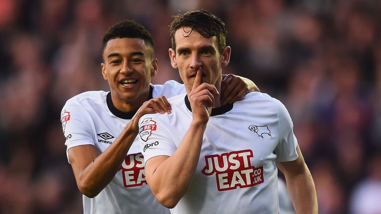 Craig Bryson of Derby County (R) celebrates with Jesse Lingard