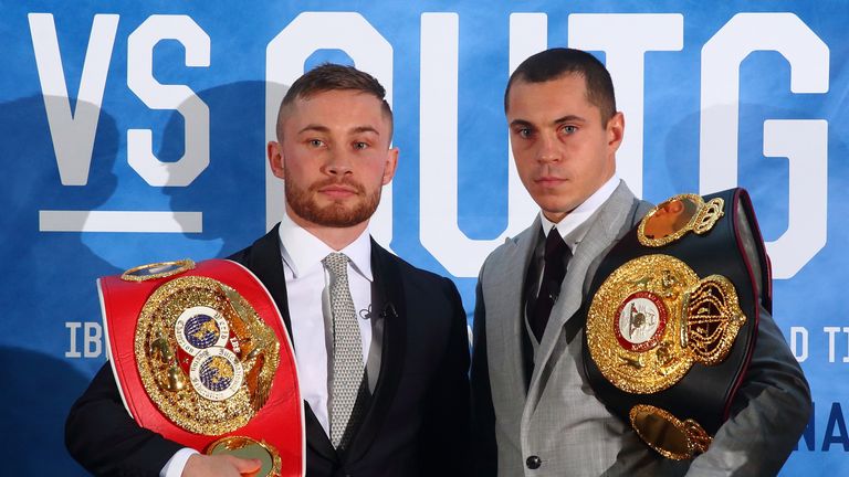 Carl Frampton (L) and Scott Quigg (R) go head-to-head during a press conference at the Park Plaza Riverbank on November 16, 2015 in London, England. 