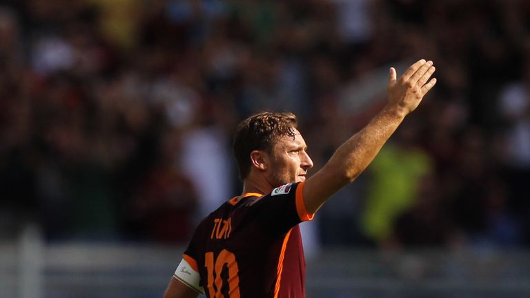Francesco Totti of AS Roma celebrates after scoring their first goal during the Serie A match between AS Roma and US Sassuolo Calcio at Stadio Olimpico