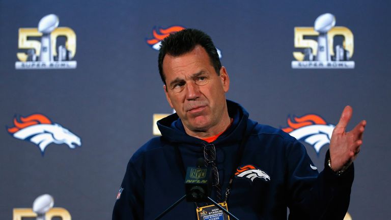 Head coach Gary Kubiak of the Denver Broncos speaks to the media during the Broncos media availability for Super Bowl 50 at
