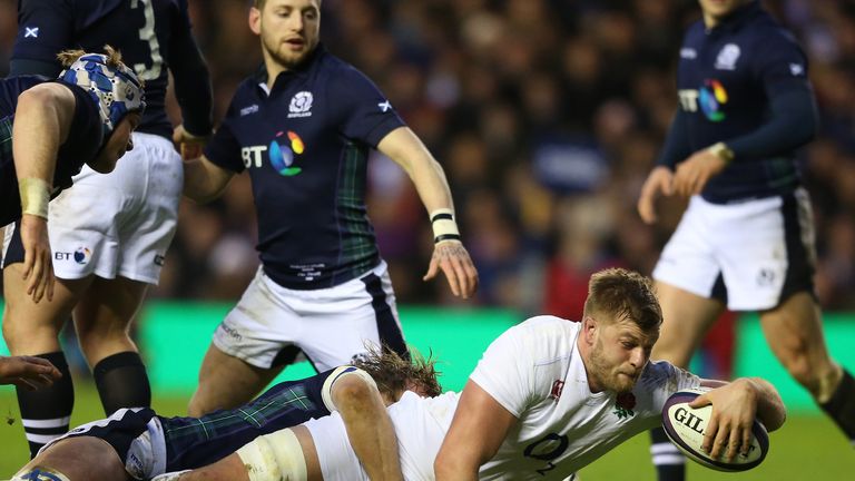Lock George Kruis of England crashes over to score the opening try of the Six Nations clash v Scotland at Murrayfield