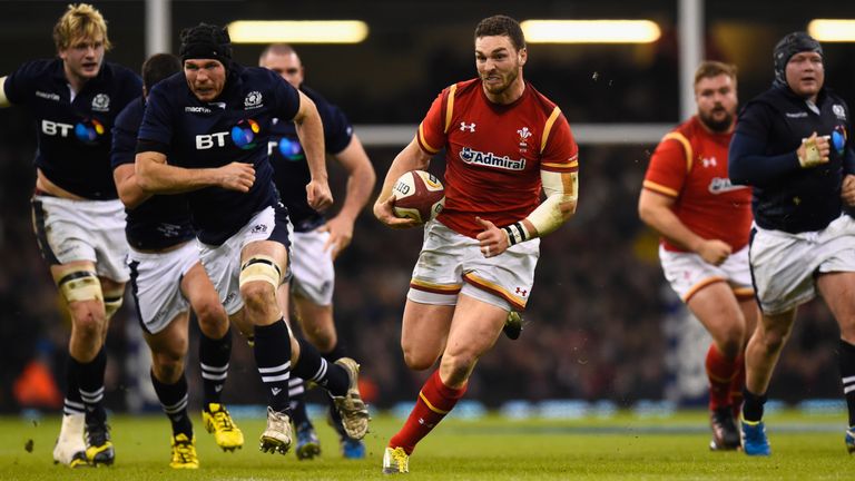 Wales wing George North makes a break for his try against Scotland