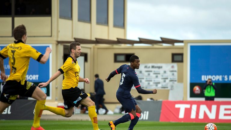 Georginio Wijnaldum (R) of Newcastle United scores their opening goal during the friendly match between Newcastle United and Lillestrom at La Manga Club