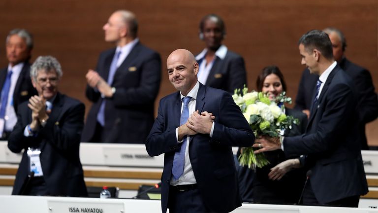 Gianni Infantino celebrates after being elected as the new FIFA President during the Extraordinary FIFA Congress at Hallenstadion on February 26, 2016 