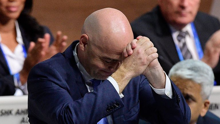 New FIFA president Gianni Infantino reacts after winning the FIFA presidential election