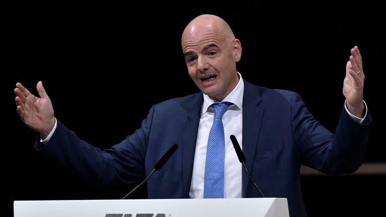 New FIFA president Gianni Infantino delivers a speech