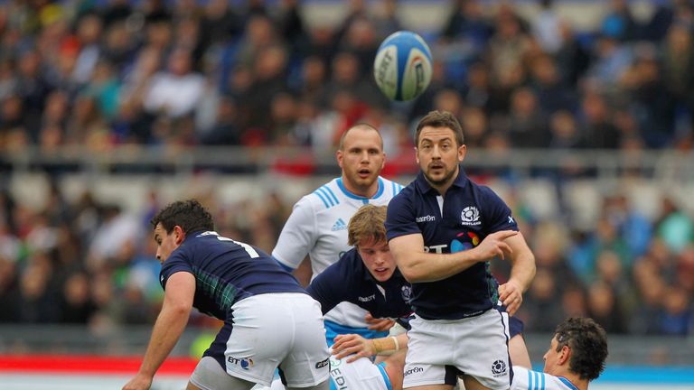 Greig Laidlaw of Scotland passes the ball during the Six Nations match between Italy and Scotland at Stadio Olimpico in Rome