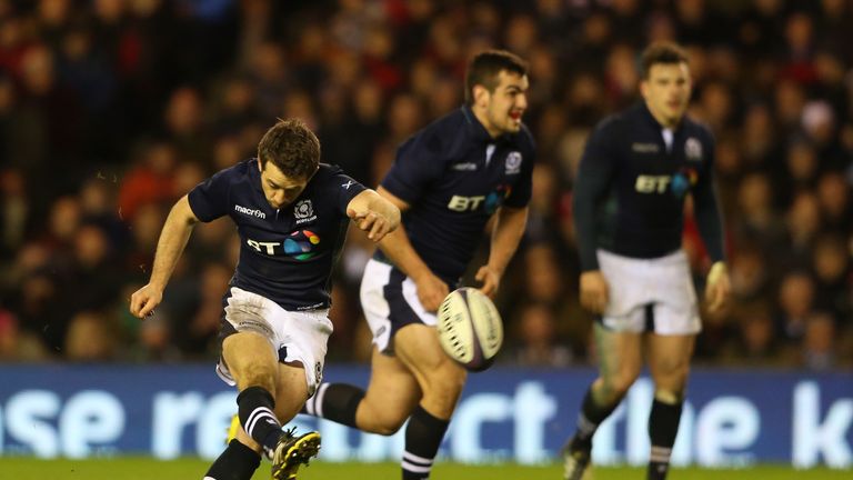 Scotland's Greig Laidlaw kicks at goal during the Six Nations match against England at Murrayfield 