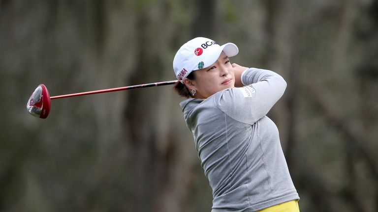 Ha Na Jang of South Korea plays a shot on the 18th hole during the third round of the Coates Golf Championship