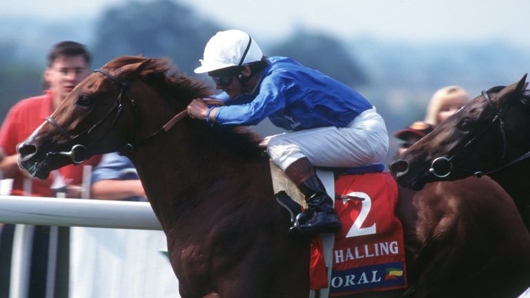 8 JUL 1995:  HALLING RIDDEN BY WALTER SWINBURN WINS THE CORAL ECLIPSE AT SANDOWN TODAY FROM SINGSPIEL RIDDEN BY MICHAEL KINANE Mandatory Credit: David Roge