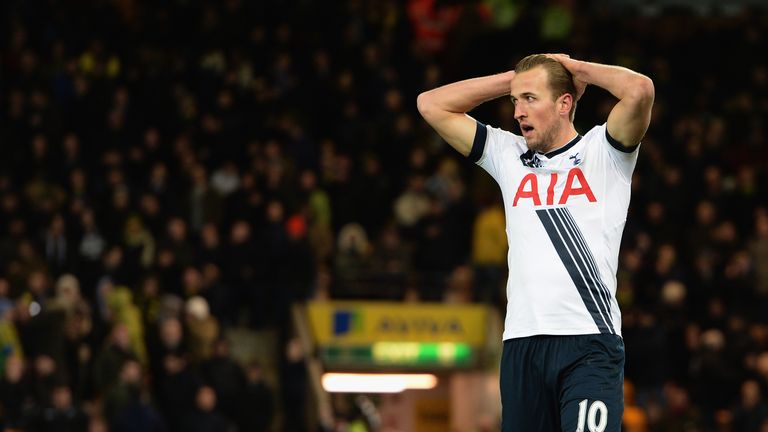 Harry Kane of Tottenham Hotspur reacts after missing a goal chance during the Barclays Premier League match between Norwich