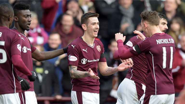 Hearts' Jamie Walker (centre) celebrates after scoring the first goal of the game 