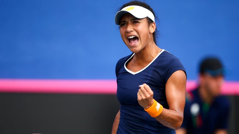 Heather Watson of Great Britain celebrates a point in her match against Sofia Shapatava of Georgia at the Fed Cup in Eilat