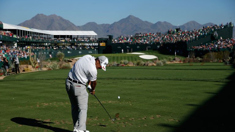Hideki Matsuyama of Japan hits his tee shot on the 16th hole during the final round of the Waste Management Phoenix Open 