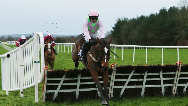 Min ridden by Ruby Walsh jumps the last to win The Sky Bet Moscow Flyer Novice Hurdle at Punchestown Racecourse, County Kildare.