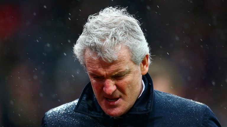 Mark Hughes manager of Stoke City looks on during the Barclays Premier League match between Stoke City and Everton a