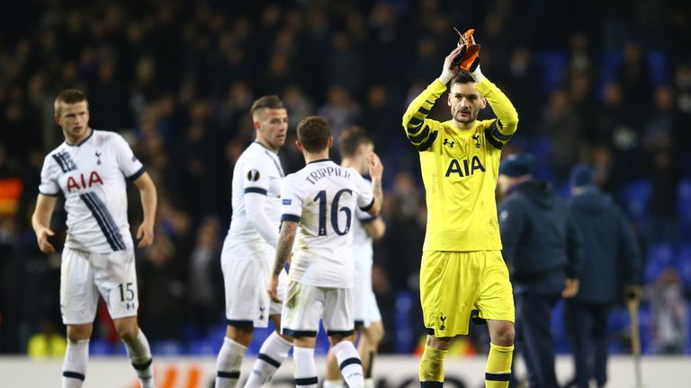 Hugo Lloris of Tottenham Hotspur applauds the supporters