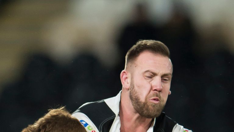 Salford's Matt Sarsfield tackles Hull FC's Liam Watts.