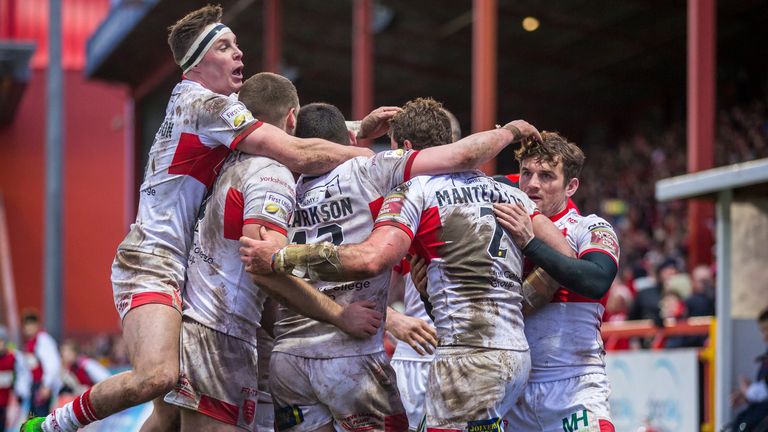Hull KR's Josh Mantellato is congratulated on his last-gasp try by team-mates