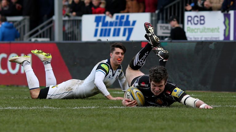 EXETER, ENGLAND - FEBRUARY 28:  Ian Whitten of Exeter scores his team's first try of the game during the Aviva Premiership match between Exeter Chiefs and 