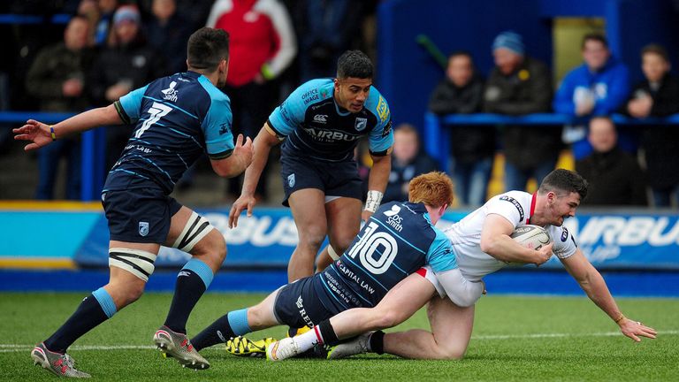 Ulster's Sam Arnold is tackled by Cardiff Blues' Rhys Patchell.