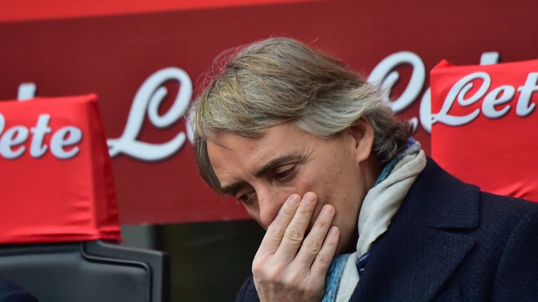 Inter Milan's coach from Italy Roberto Mancini gestures during the Italian Serie A football match between Inter and Carpi 