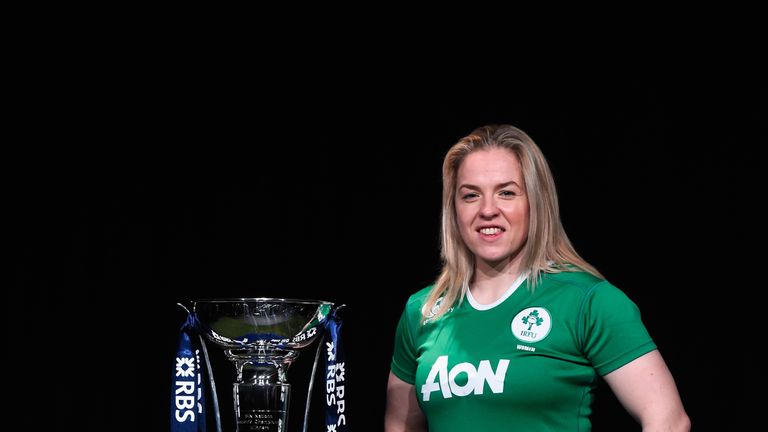 Niamh Briggs, captain of Ireland Women poses with the trophy during the RBS Six Nations launch 