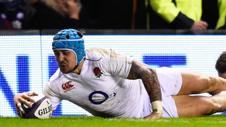 Jack Nowell scoring a try for England against Scotland