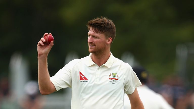 Jackson Bird of Australia raises the ball after finishing with five wickets during day four of the Test match with New Zealand in Christchurch