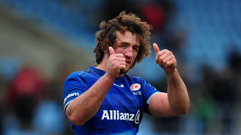 Jacques Burger of Saracens celebrates at the final whistle during the Aviva Premiership match between Exeter Chiefs a