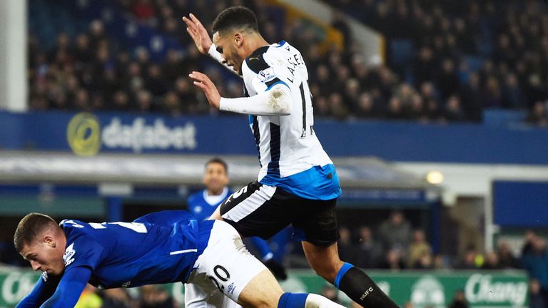 Necastle's Jamaal Lascelles was dismissed for this trip on Ross Barkley of Everton