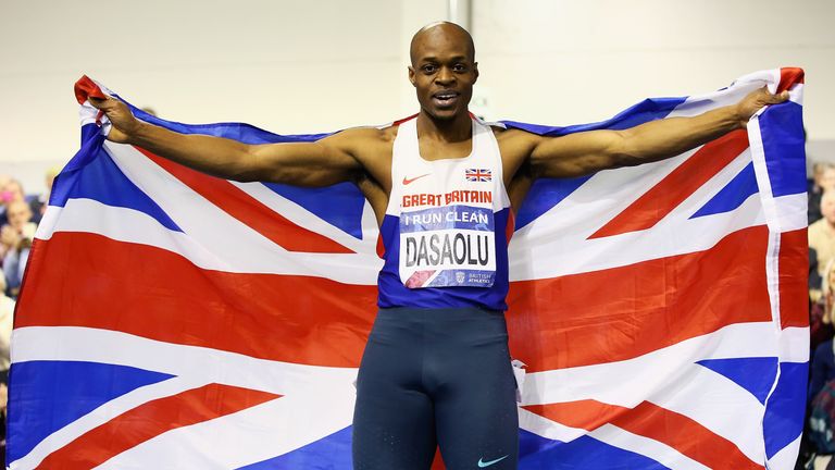 SHEFFIELD, ENGLAND - FEBRUARY 27:  James Dasaolu of Croydon celebrates winning the Mens 60m Final during day one of the Indoor British Championships  at En