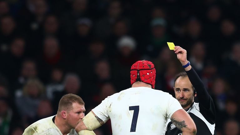  James Haskell is shown the yellow card by Referee Romain Poite 